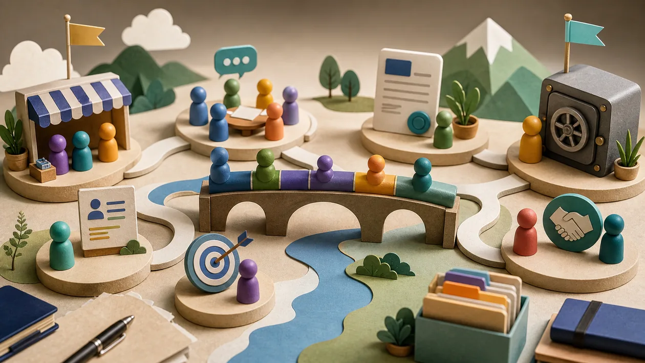 Illustration for Salesforce Sales Cloud: Lead tokens move like a board game from market booth to deal vault