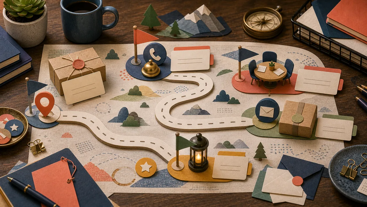 Illustration zu SalesLoft: Outreach-Tokens folgen einer Route von Erstkontakt zu Gespraech, Termin und Antwortsignal