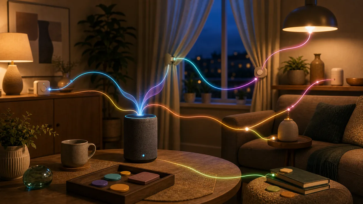 Illustration for Samsung Bixby: Sound ribbons control lights, curtains, and task objects in a living room