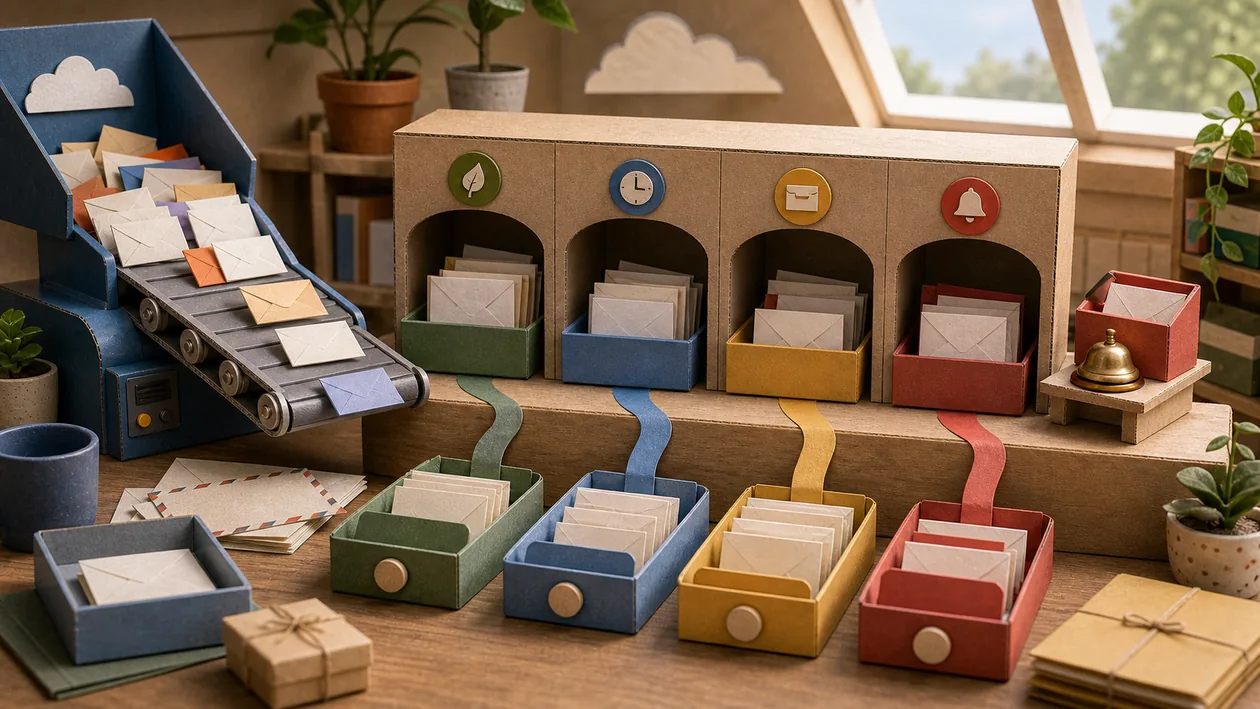 Illustration for SaneBox: A mailroom sorts envelopes into focus trays, later storage, and archive drawers