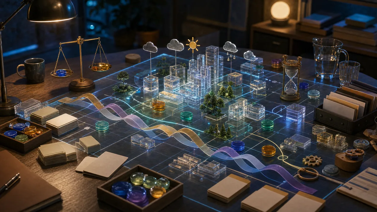 Illustration for SAP Analytics Cloud: Acrylic towers and forecast objects meet on a decision table