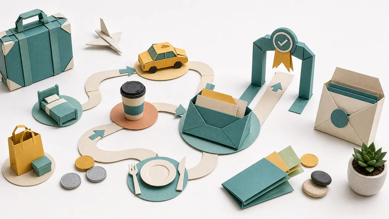 Illustration for SAP Concur Expense: Origami travel objects lead from suitcase through taxi and cafe to approval