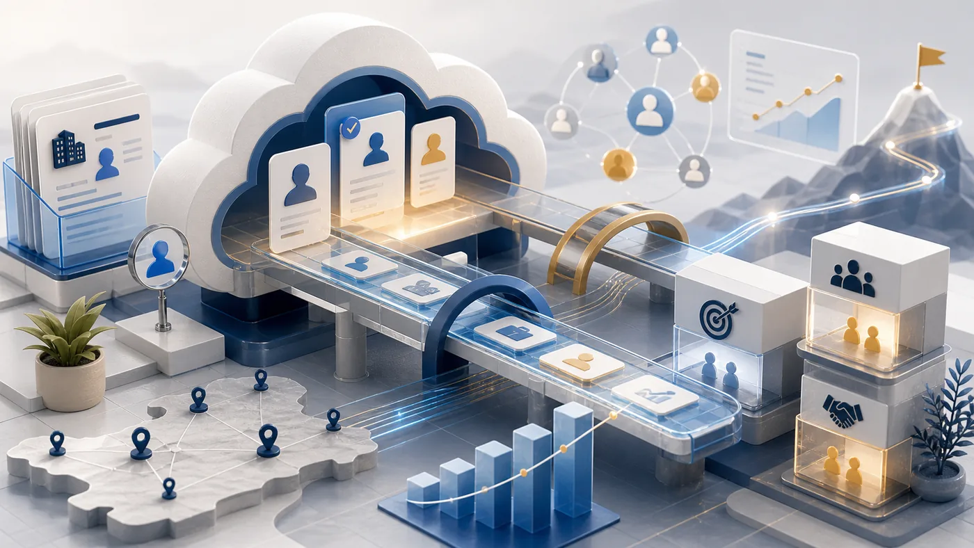 Illustration for SAP Sales Cloud: an enterprise sales pipeline connecting accounts, forecasts and handoffs