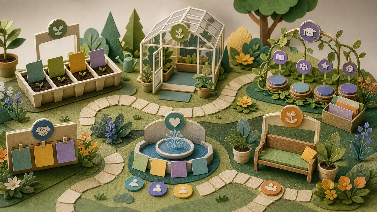 Illustration for SAP SuccessFactors: An HR garden shows hiring, onboarding, learning, feedback, and retention as stations