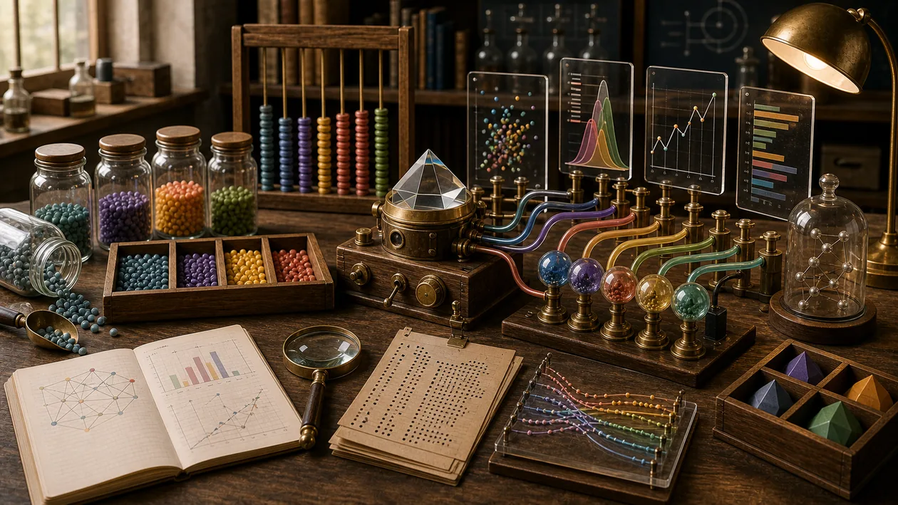 Illustration for SAS: Measurement points move through lenses, levers, and probability paths in a statistics lab