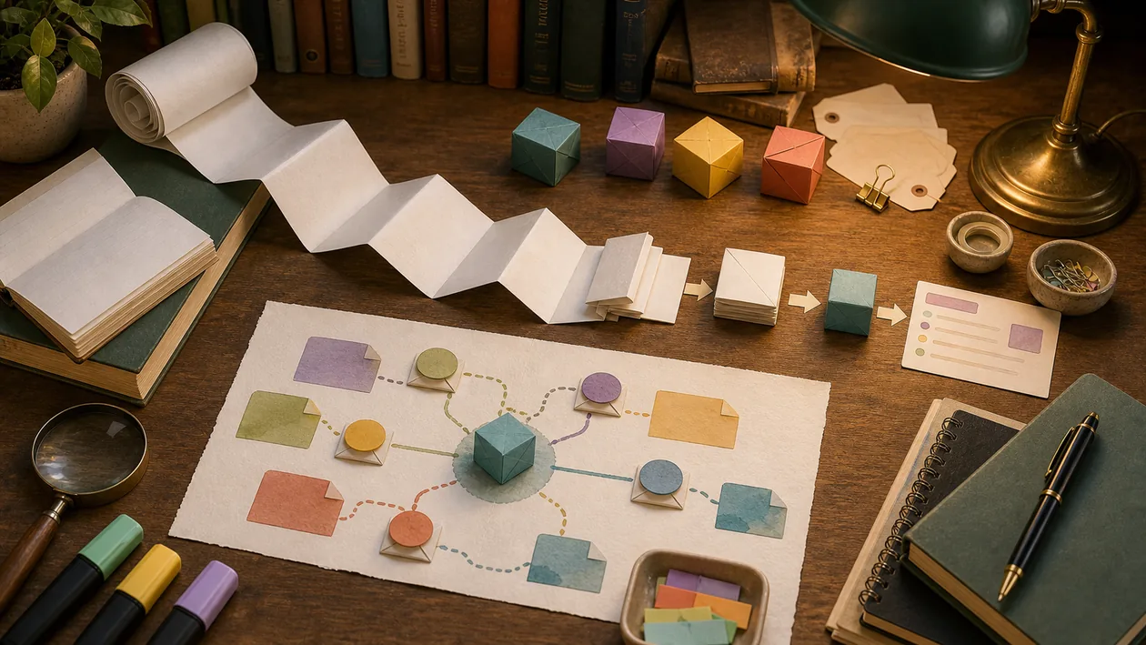 Illustration for Scholarcy: A long article ribbon is folded into a compact study card