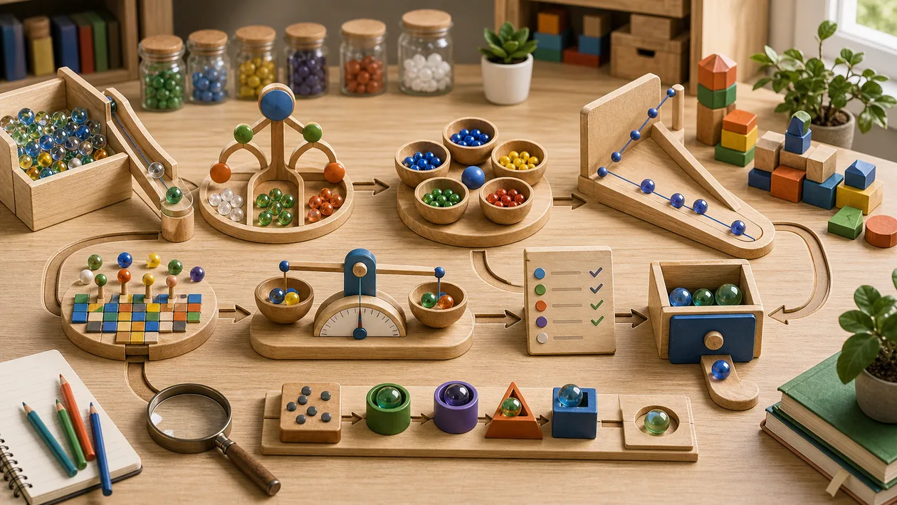 Illustration for Scikit-learn: Sample marbles move through model playgrounds, clustering bowls, and validation scales