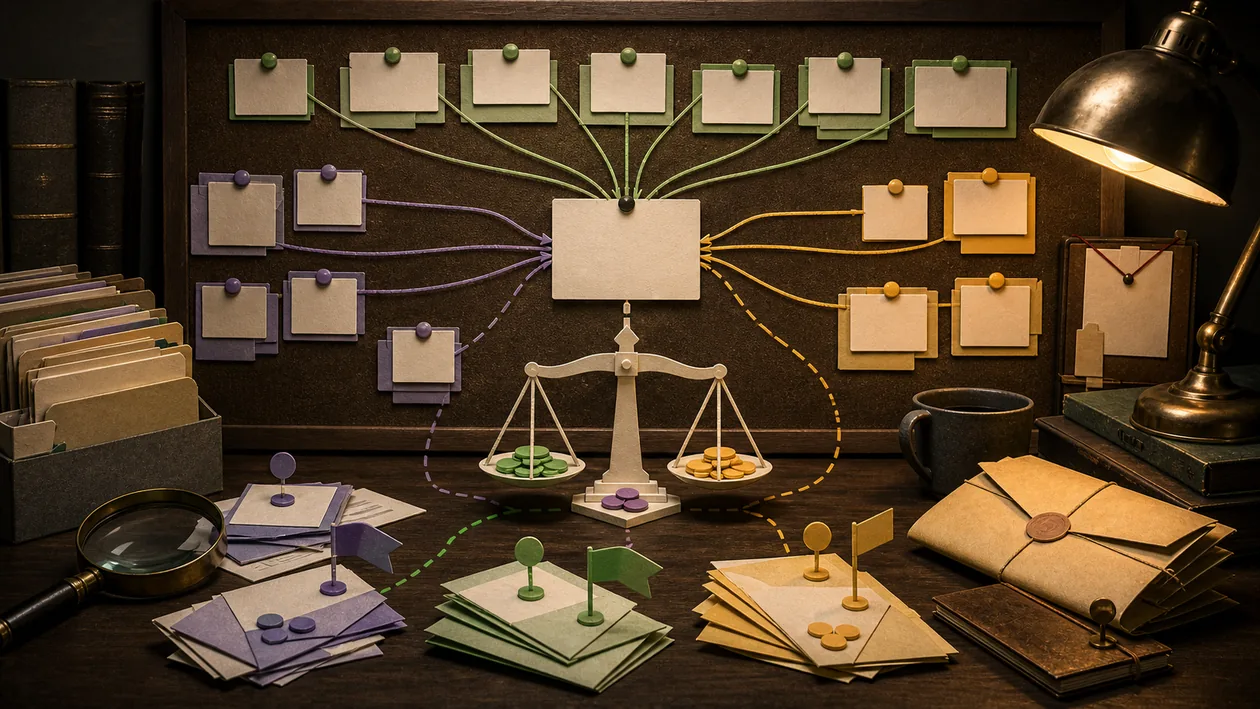 Illustration for Scite: Research cards are connected as evidence pieces with colored support paths
