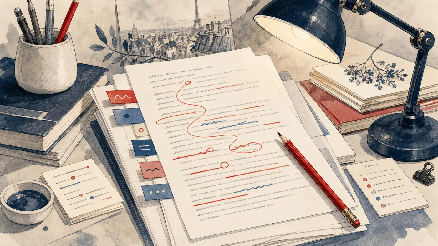 Illustration zu Scribens: ein Korrekturtisch mit rotem Stift und stilistischen Markierungen