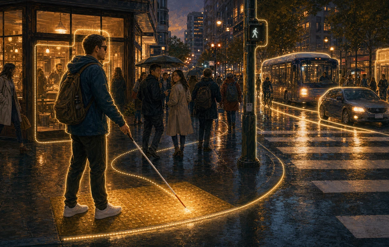 Illustration zu Seeing AI: taktile Stadtspur mit Lichtsignalen fuer Orientierung