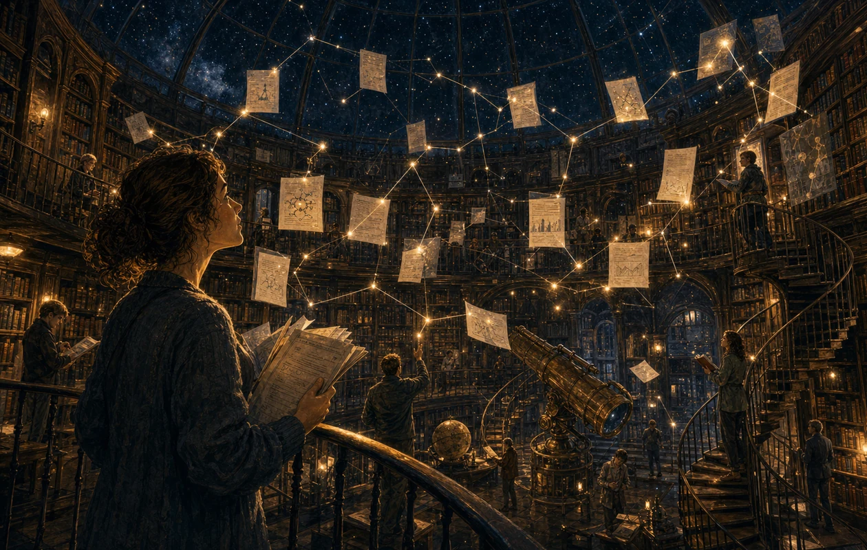Illustration for Semantic Scholar: research planetarium with source orbits
