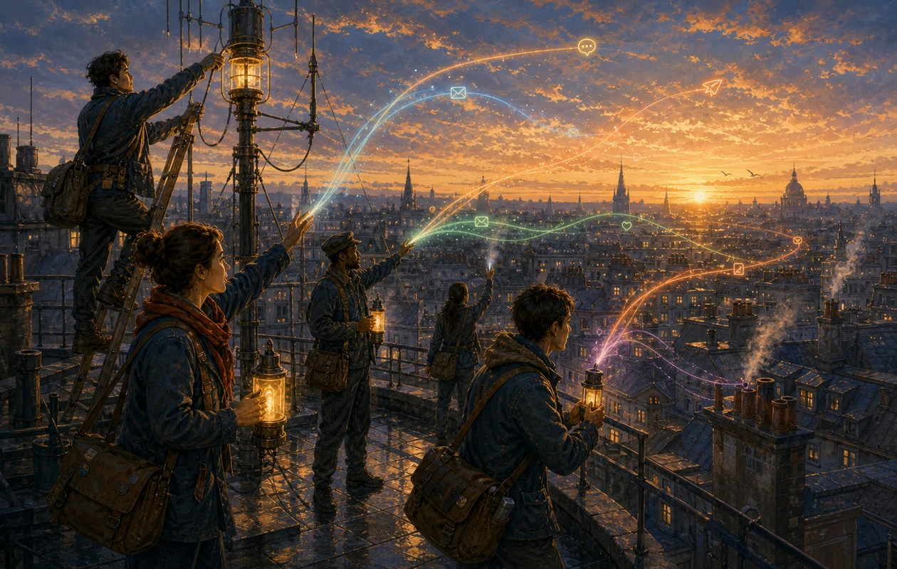 Illustration for Sendible: social kite network over a campaign square