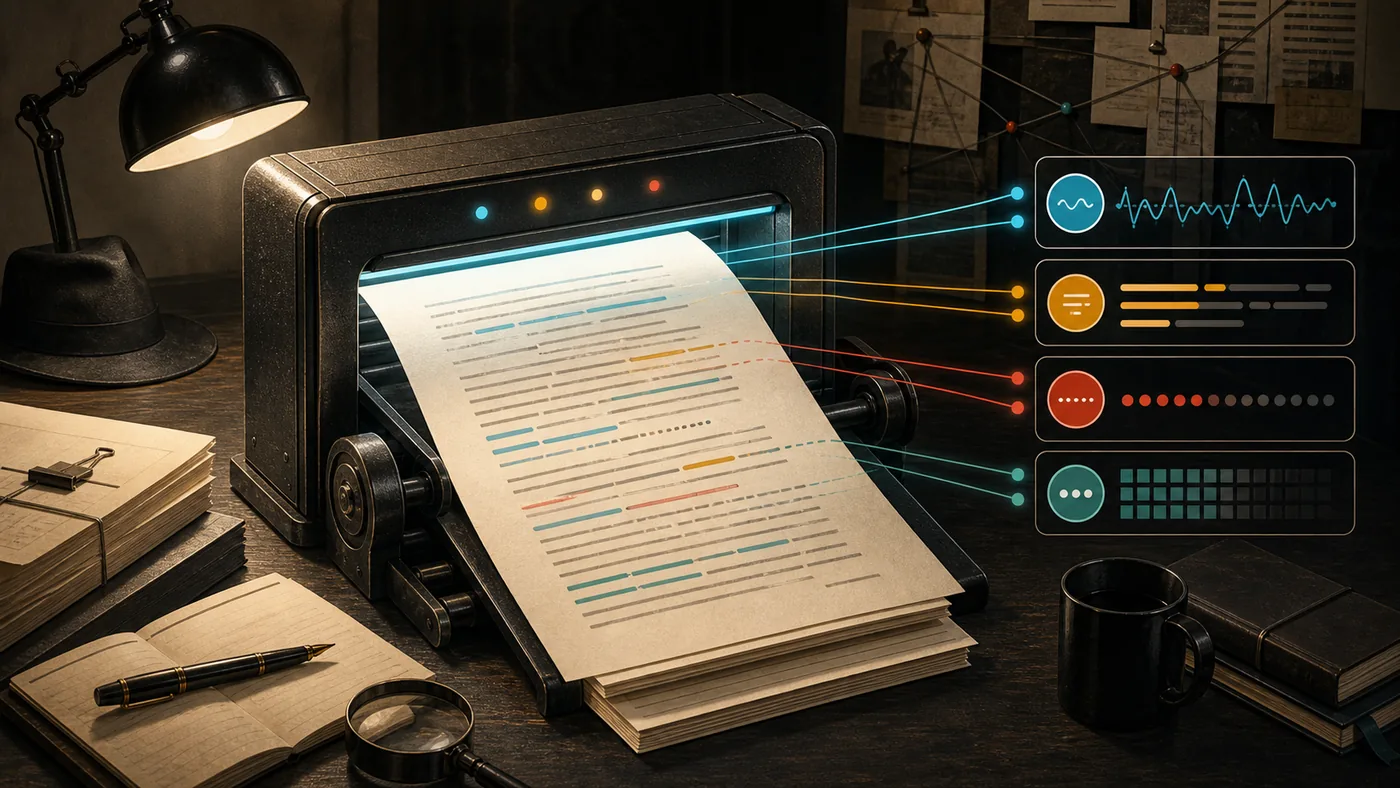 Illustration for Slick Write: a style scanner reviewing a manuscript with colored diagnostic tracks