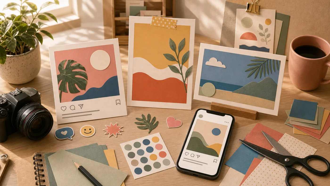 Illustration for Snappa: marketing graphics, phone format and color papers on a worktable