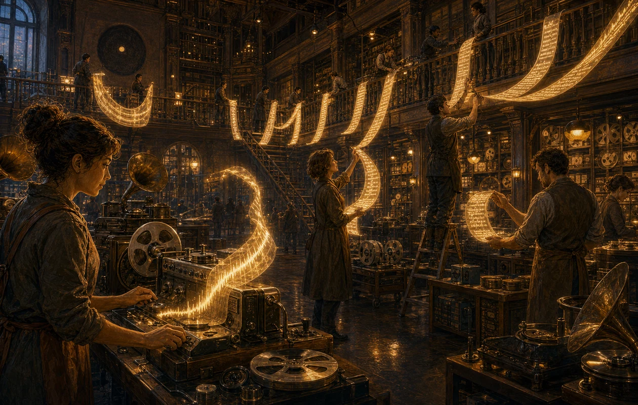 Illustration for Sonix: sound archive turning audio waves into organized transcript rolls