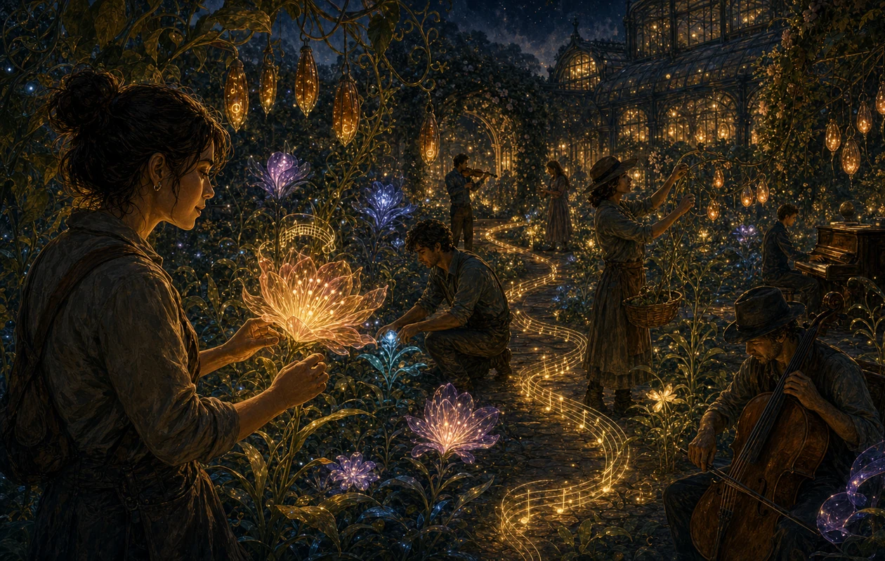 Illustration for Soundraw: music garden with melody paths and arrangement lights
