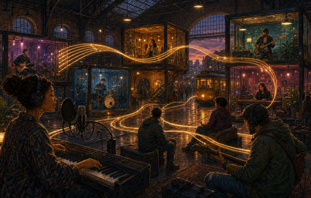 Illustration for Soundtrap: recording stage with tracks, instruments, and collaboration