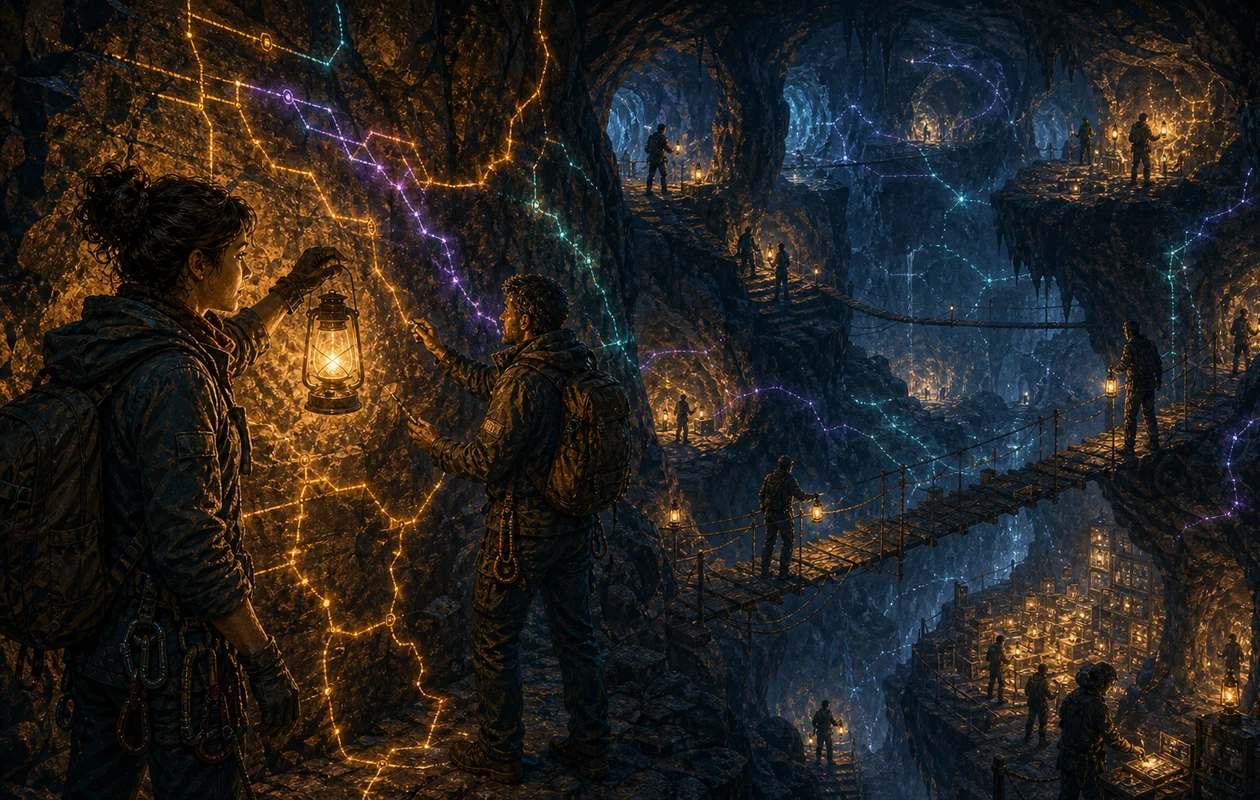 Illustration for Sourcegraph: code cave with search beams and repository layers