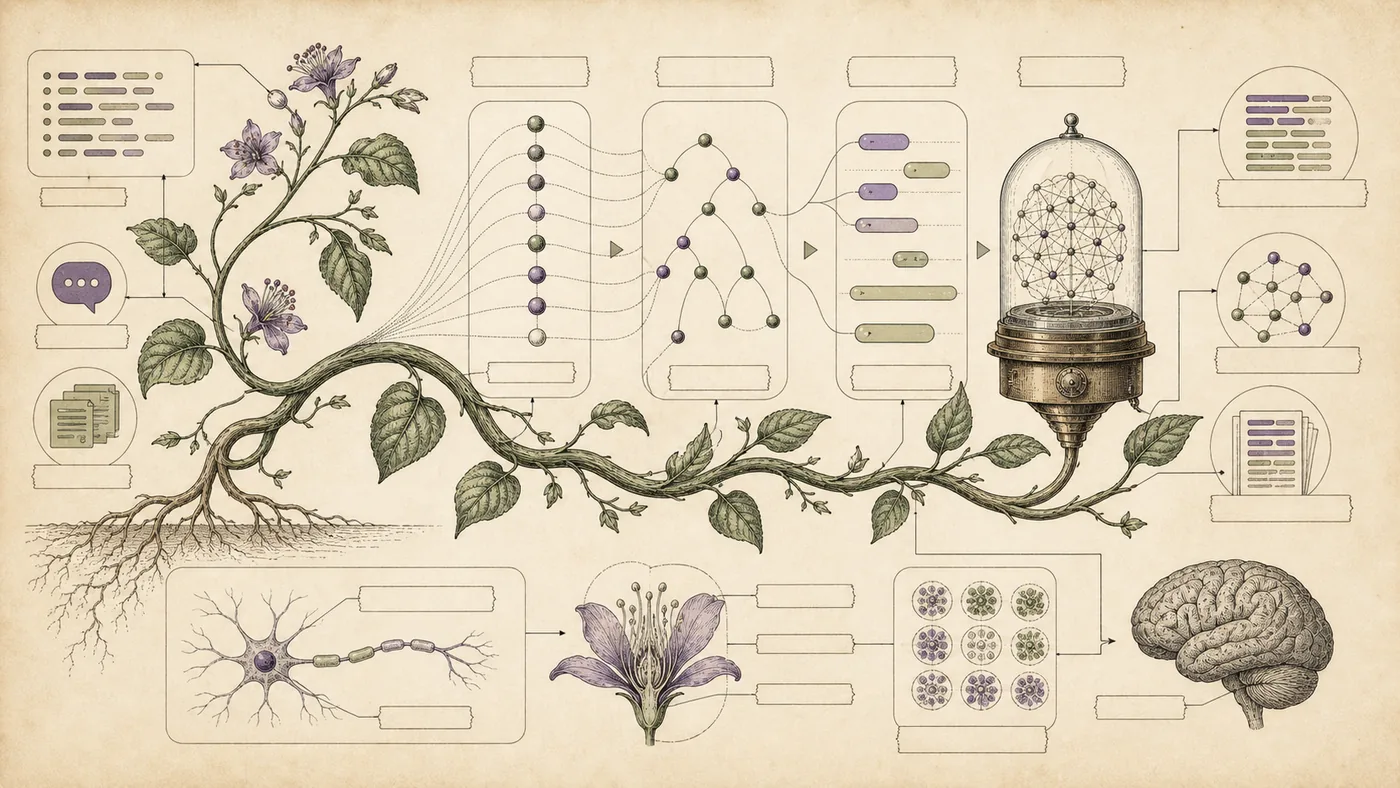 Illustration for spaCy: language parts branching like a botanical analysis sheet