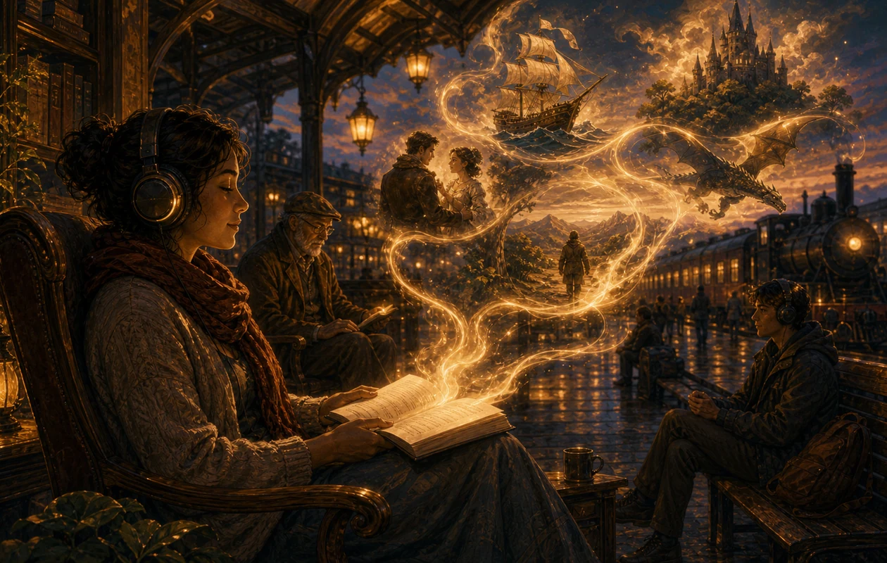 Illustration for Speechify: reading booth turning pages into warm audio light trails