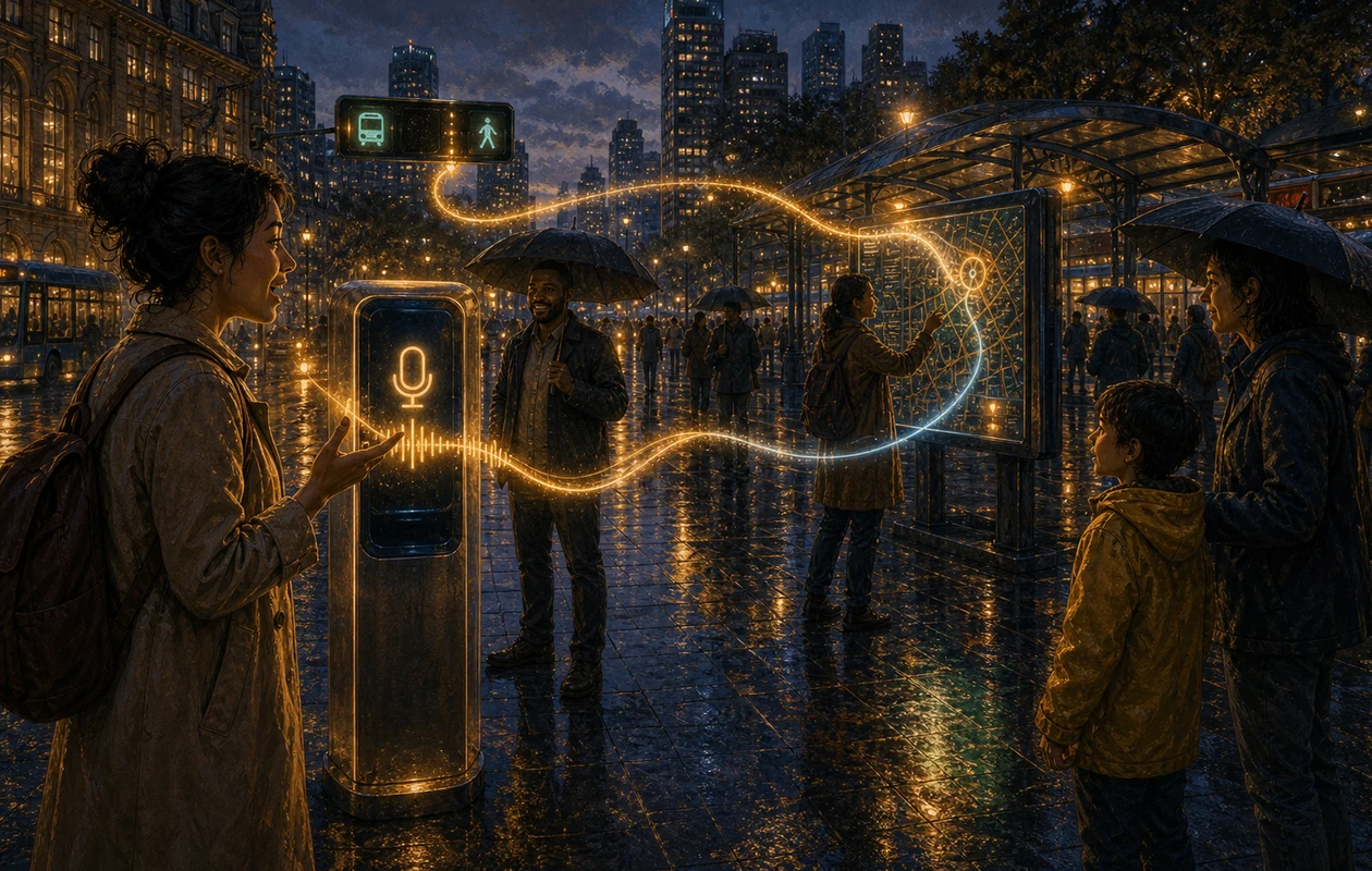Illustration for Speechly: voice plaza with luminous command paths