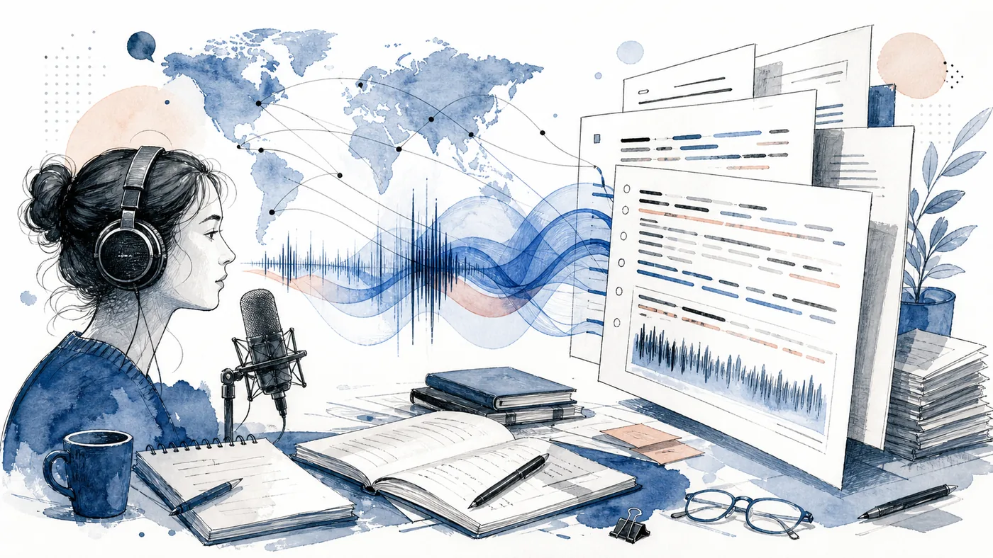 Illustration for Speechmatics: multilingual speech waves becoming organized transcript pages