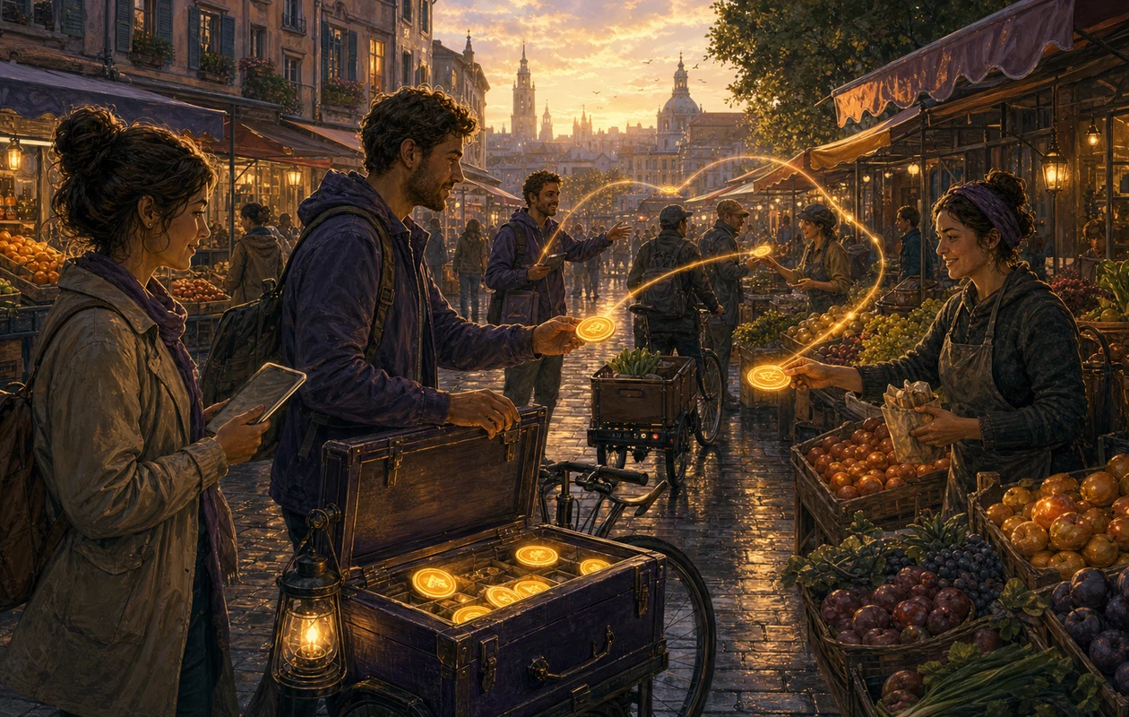 Illustration zu Spendesk: Marktgasse mit sichtbaren Freigabe-Muenzen