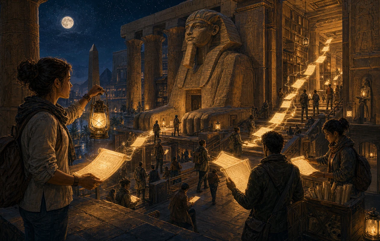 Illustration for Sphinx: archive temple with luminous documentation paths