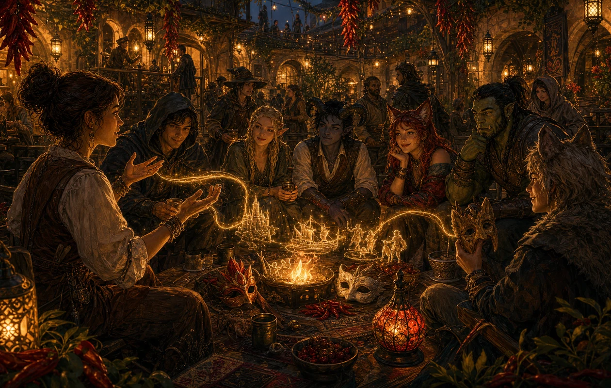 Illustration for Spicychat: lantern courtyard with character masks and story sparks