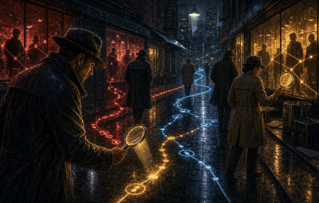 Illustration for SpyFu: noir alley tracing hidden competitor routes