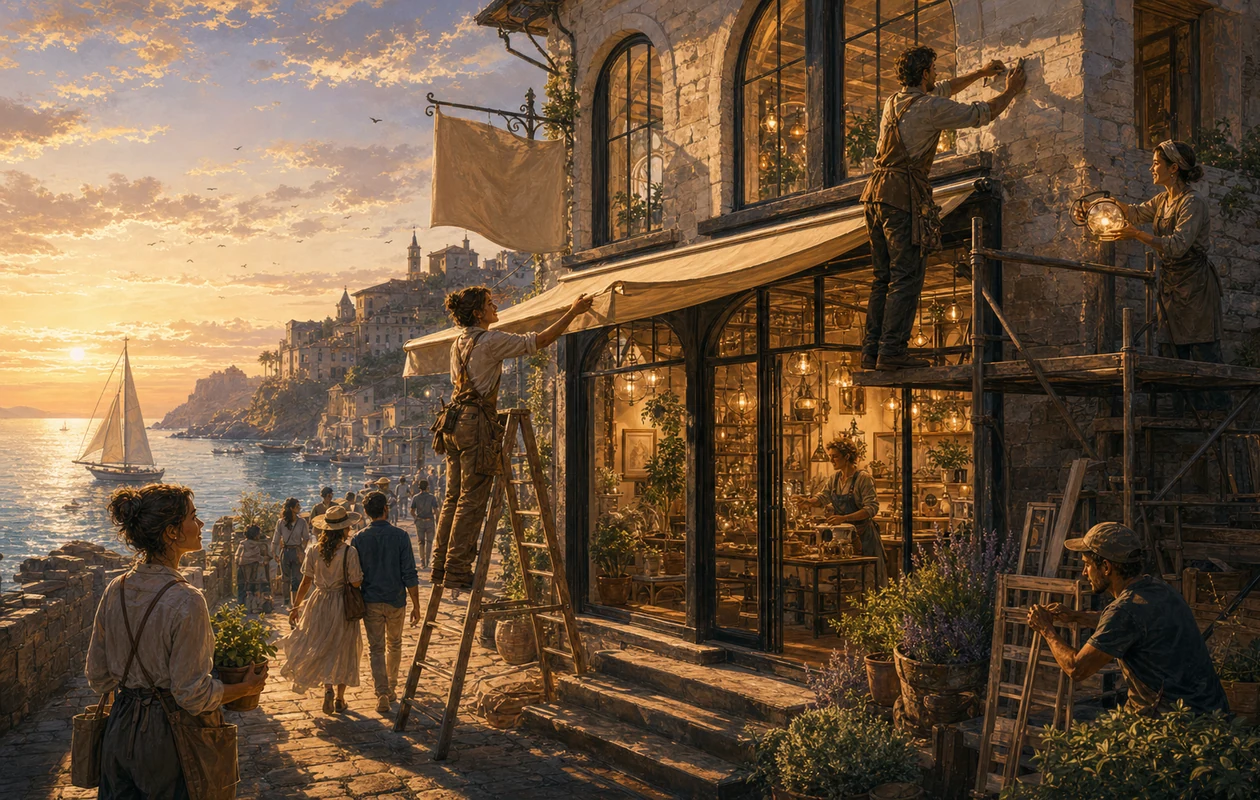 Illustration for Squarespace: coastal village building a creative storefront