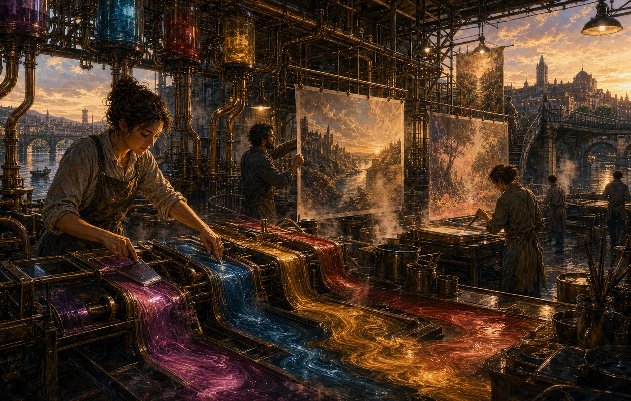 Illustration for Stable Diffusion: print workshop guiding pigment currents into images