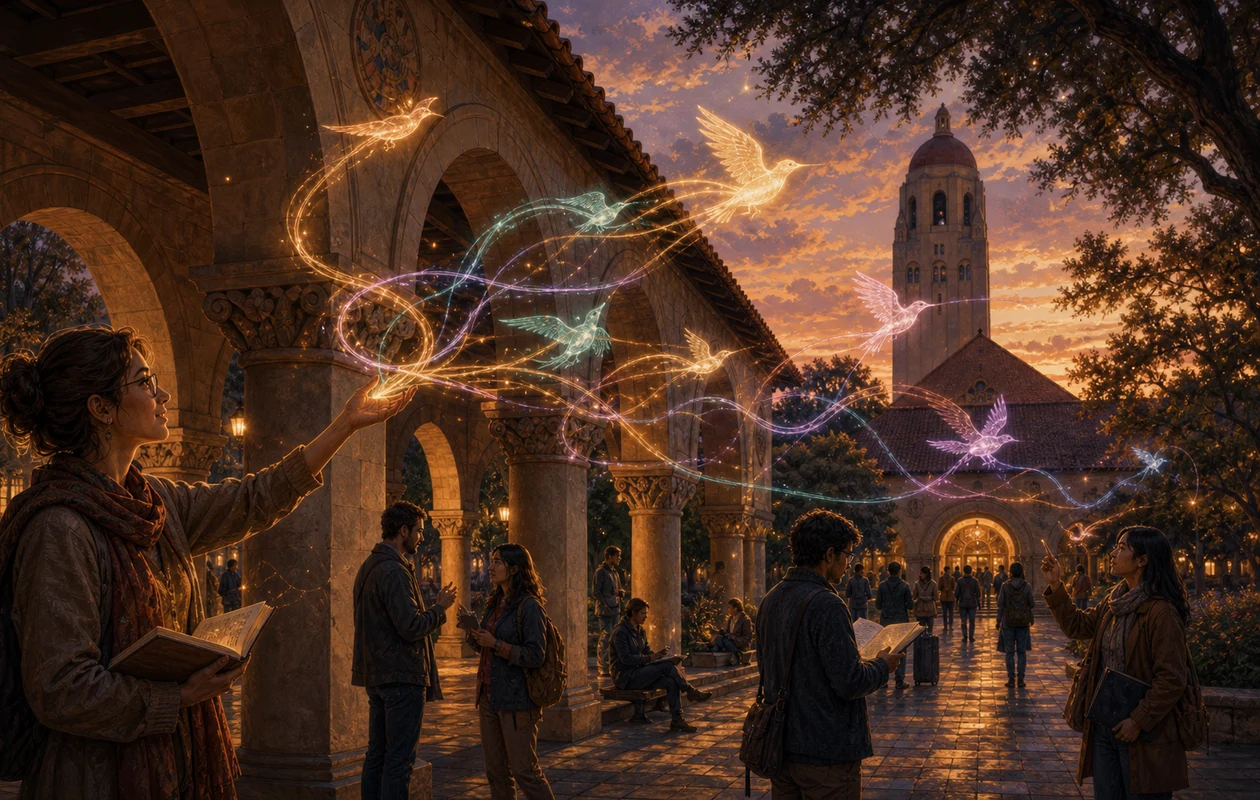 Illustration for Stanford NLP: campus arches guiding light birds of meaning