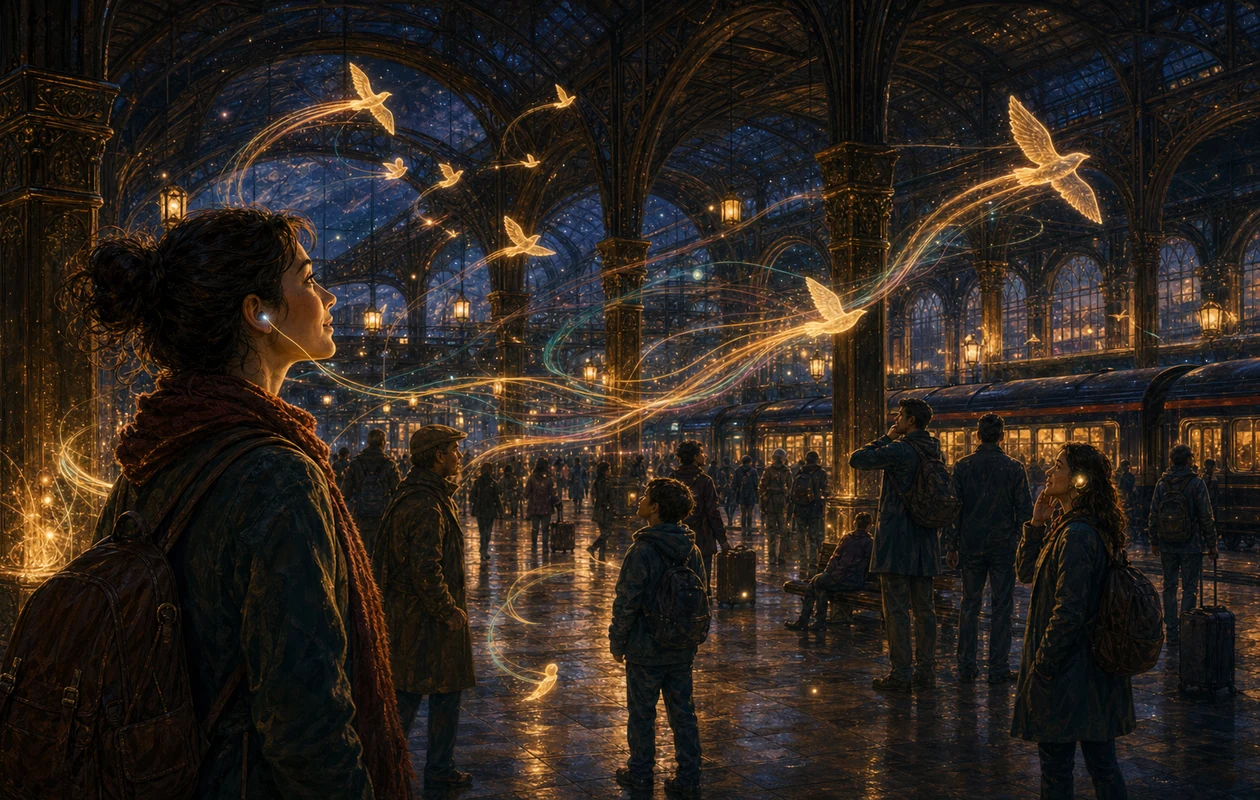 Illustration for Stanza: station hall guiding speech birds through light paths