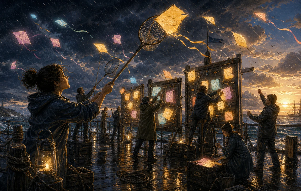 Illustration for Stormboard: storm pier catching idea kites in the wind