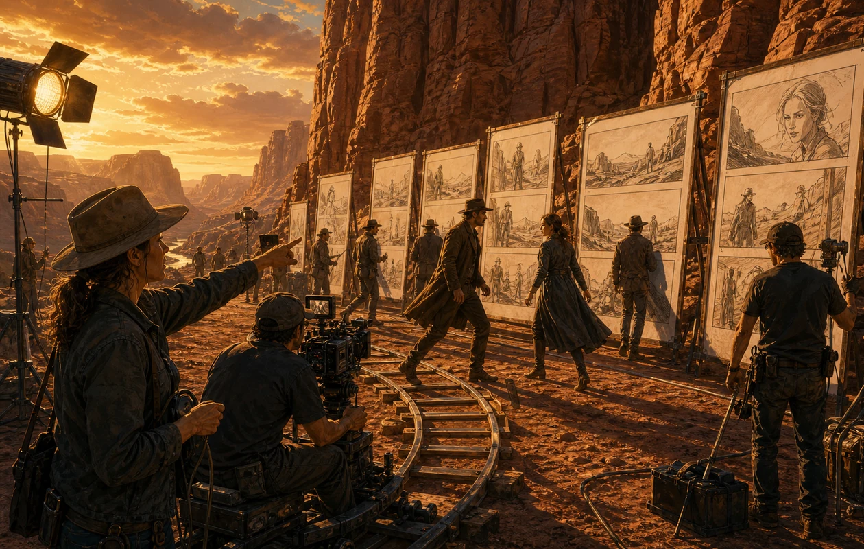 Illustration for Storyboarder: canyon film set planning scenes with blank panels