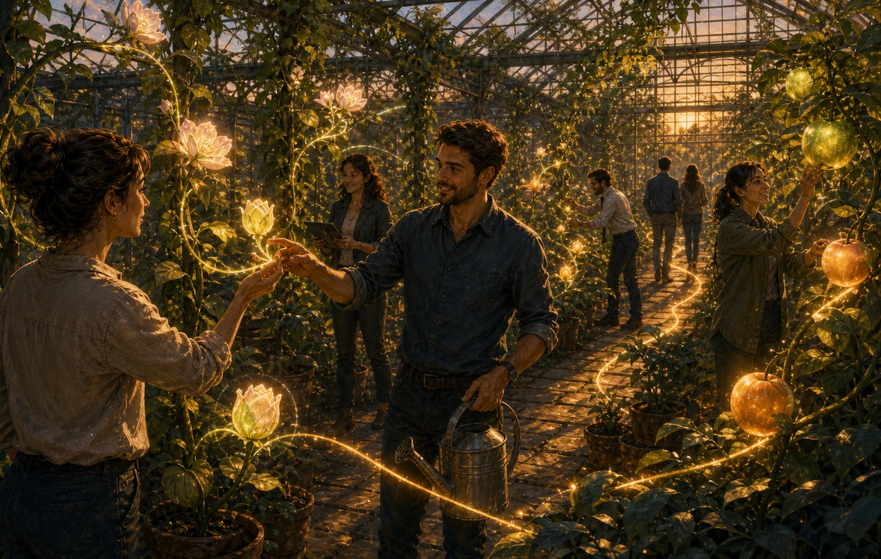 Illustration for Streak CRM: greenhouse tending customer vines from contact to close