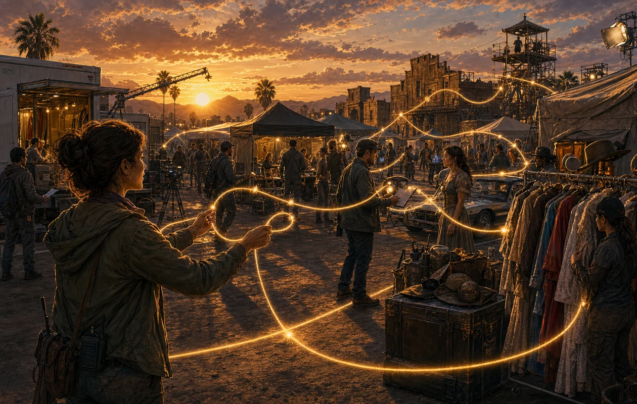 Illustration for StudioBinder: film camp connecting crew, locations and props with light ropes