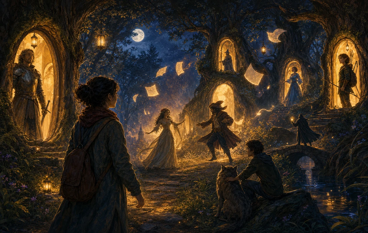 Illustration for Sudowrite: forest theater where characters step from tree doorways