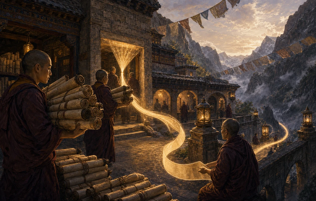 Illustration for SummarizeBot: mountain archive distilling scrolls into one clear light ribbon