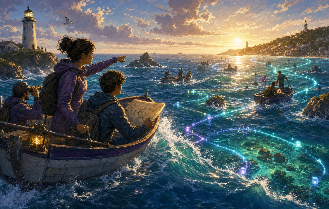 Illustration for Surfer SEO: search expedition following waves and reefs to shore