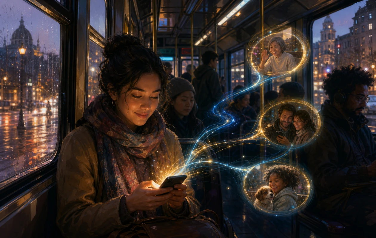 Illustration for SwiftKey: tram ride with luminous prediction paths for messages