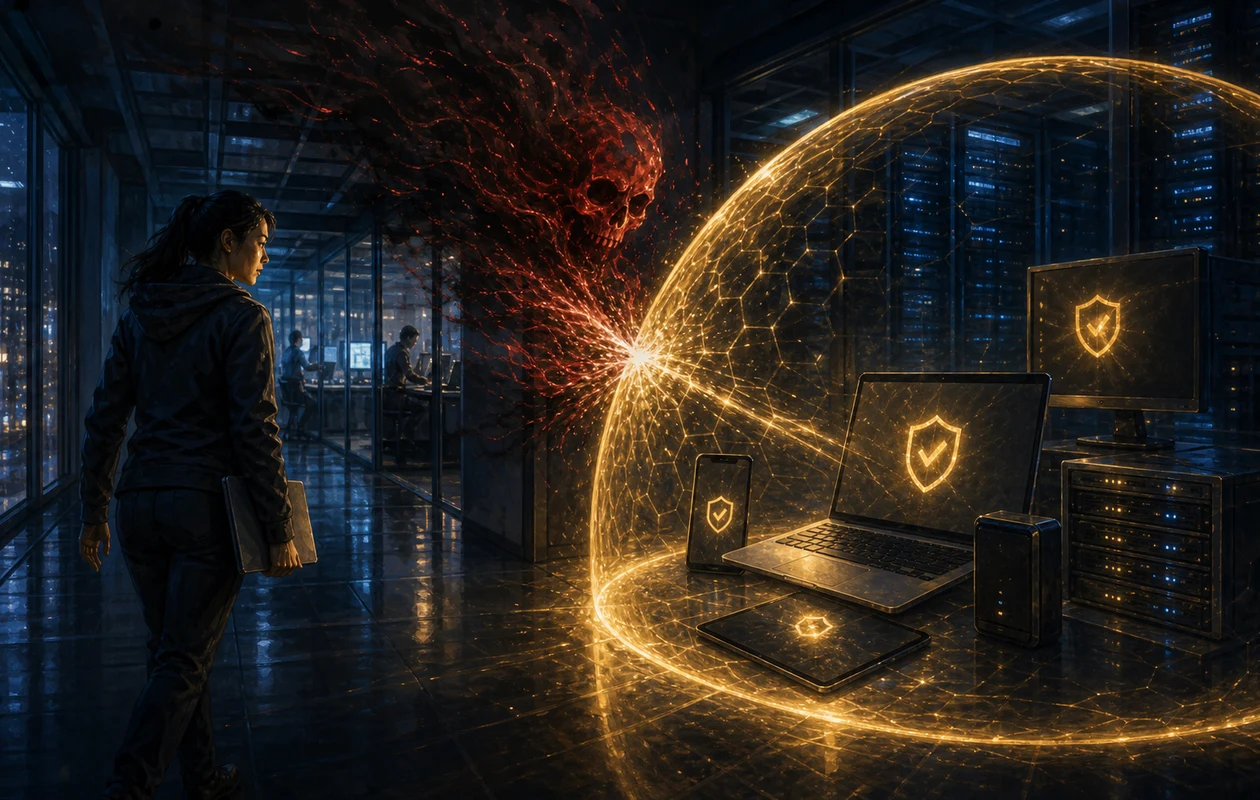 Illustration for symantec-endpoint-protection: protective shield around endpoints