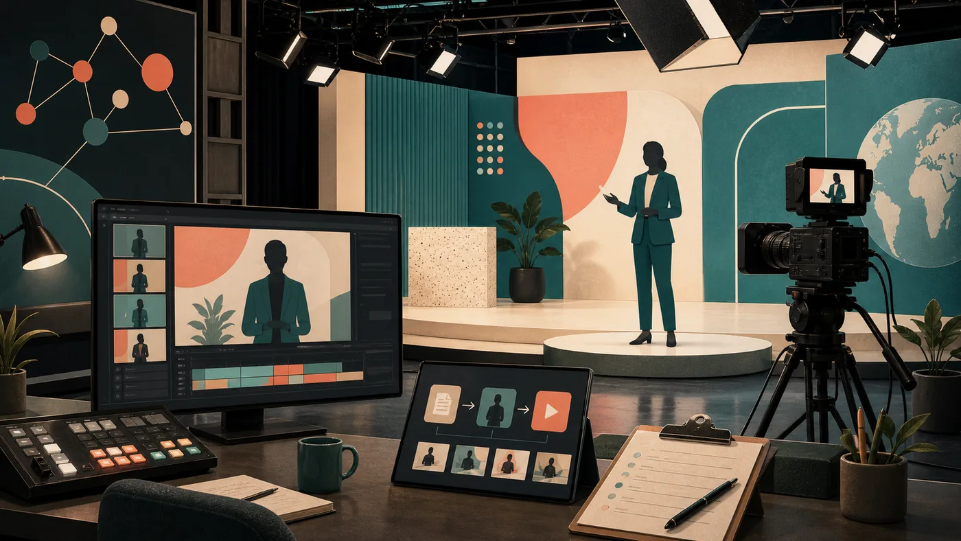 Illustration for Synthesia: video studio with abstract presentation scenes and production workflow