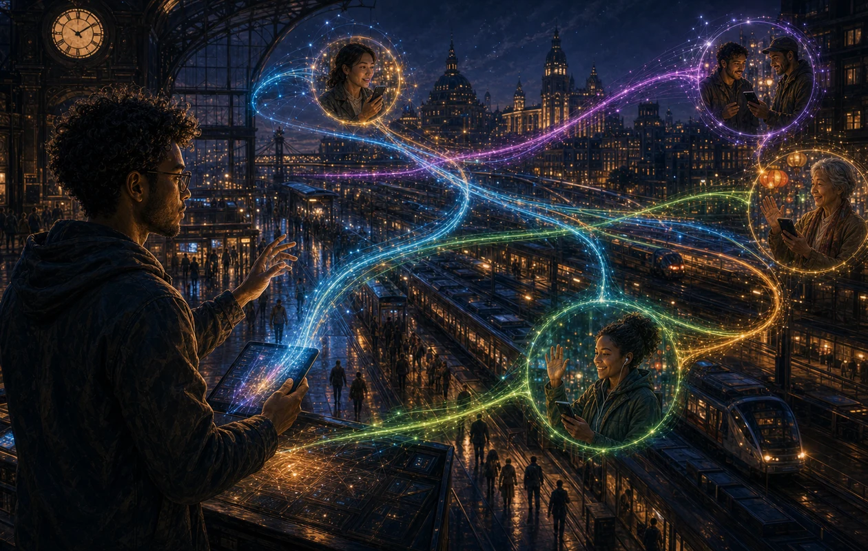 Illustration for systran-translate-api: translation signal paths in a transit hub
