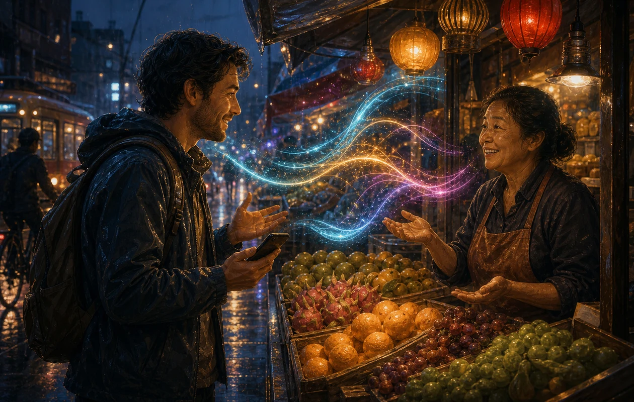 Illustration for systran-translate: market conversation with flowing language ribbons