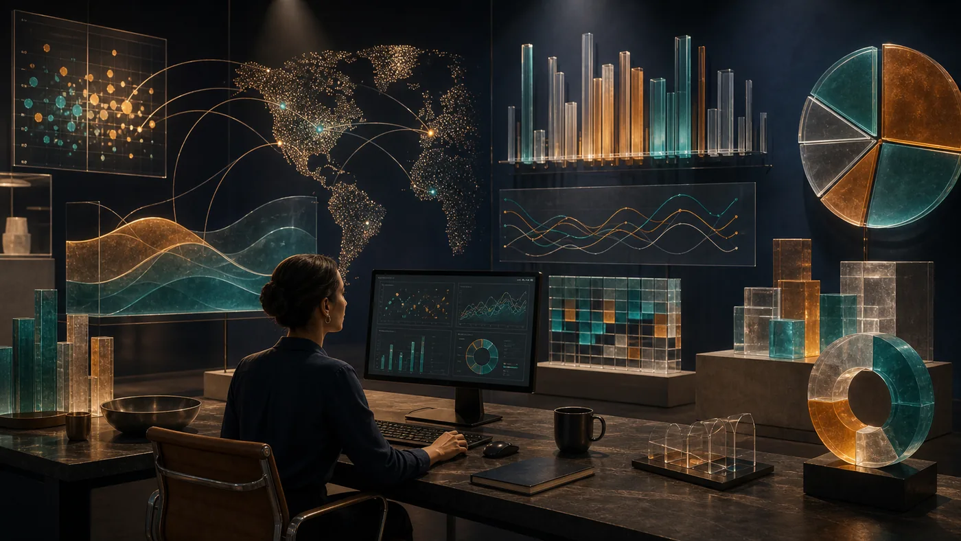 Illustration for Tableau: business charts made visible as a glass data sculpture