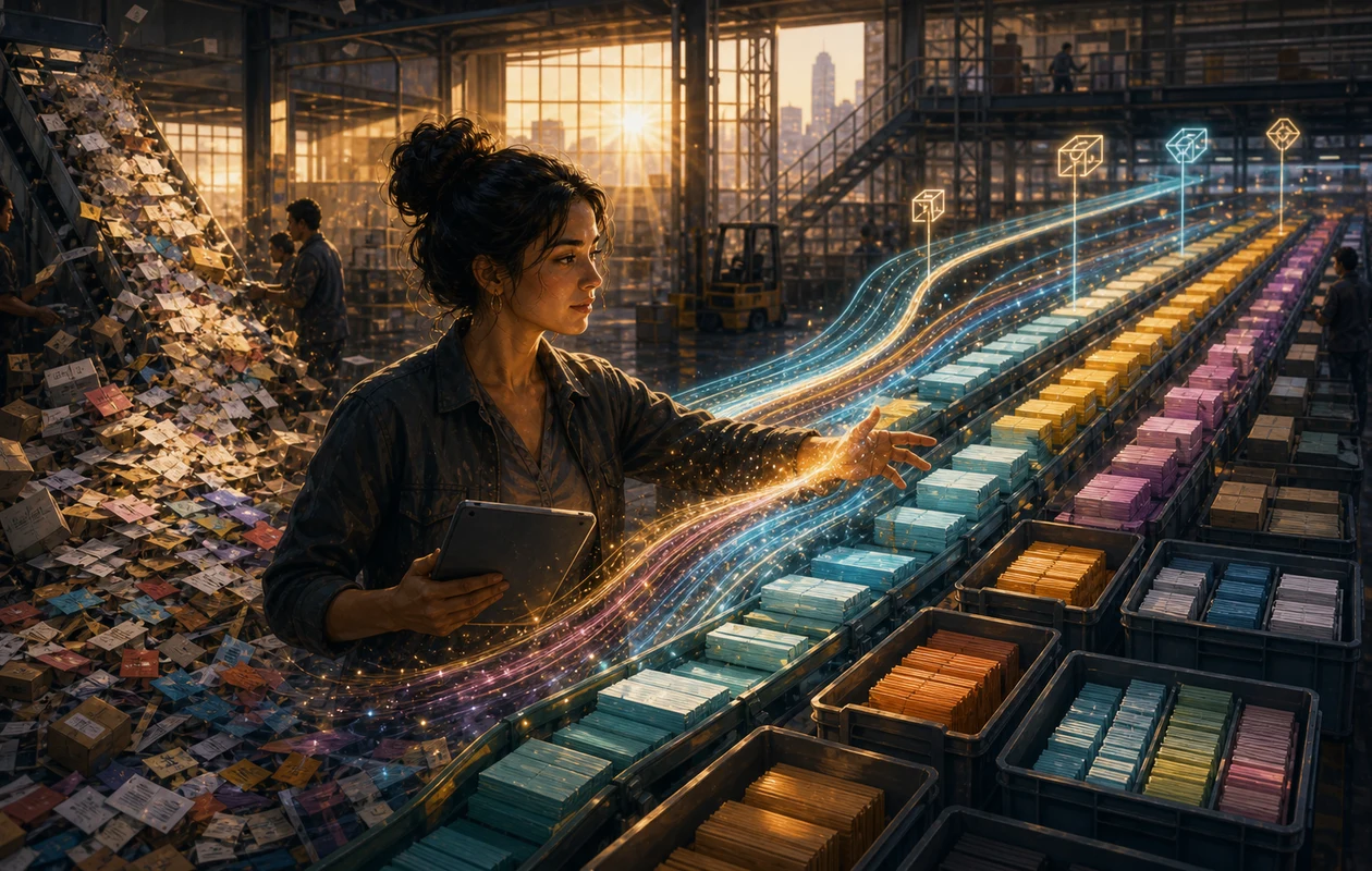 Illustration for tableau-prep: data being sorted in a warehouse
