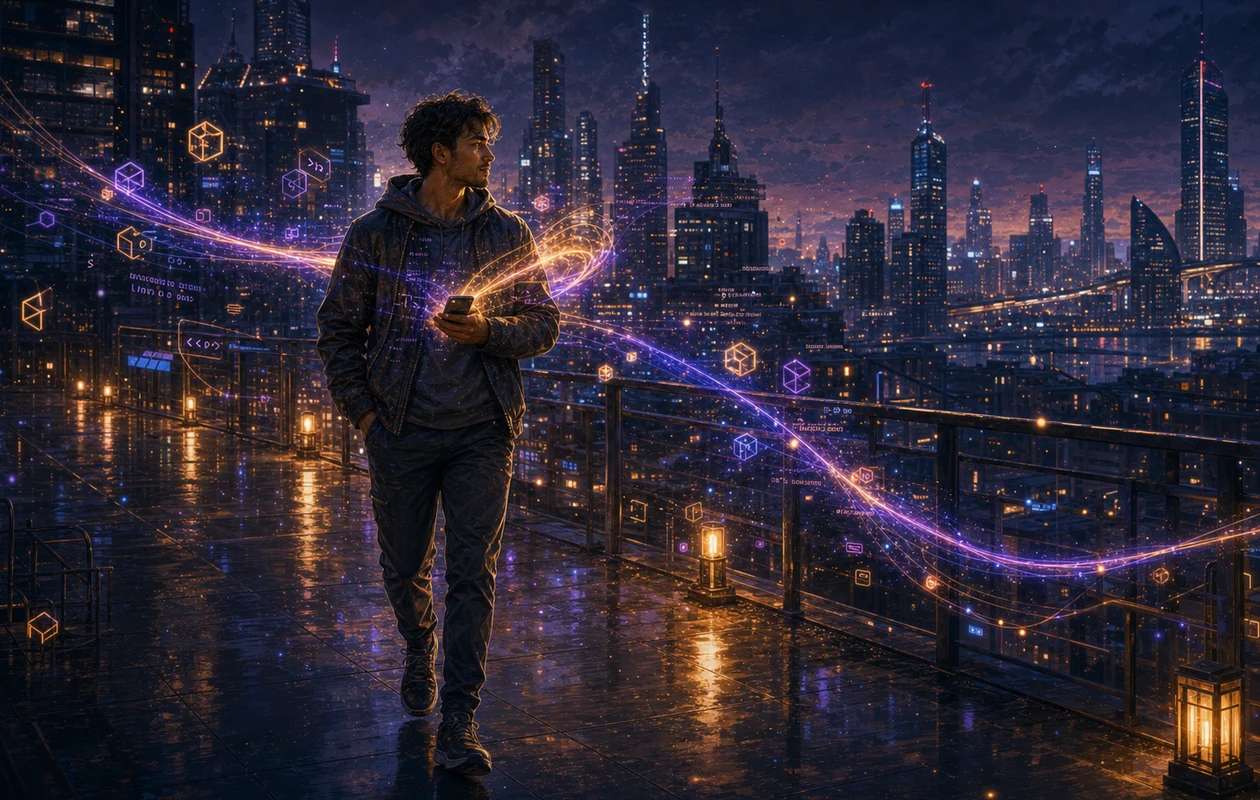 Illustration for tabnine: code hints on a night rooftop