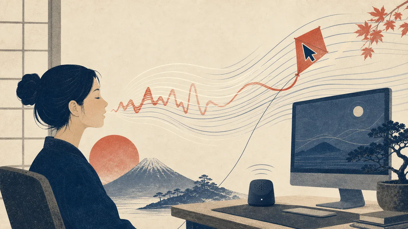 Illustration for Talon: voice waves guiding a cursor across a quiet workstation